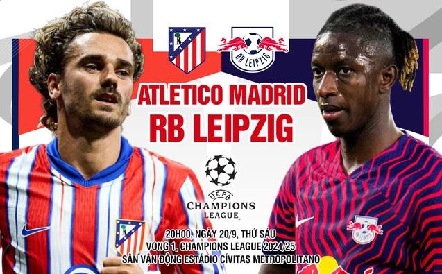 Atletico Madrid vs Leipzig lượt trận đầu tiên Champions League 2024/25
