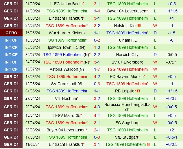 Thành tích gần đây của Hoffenheim
