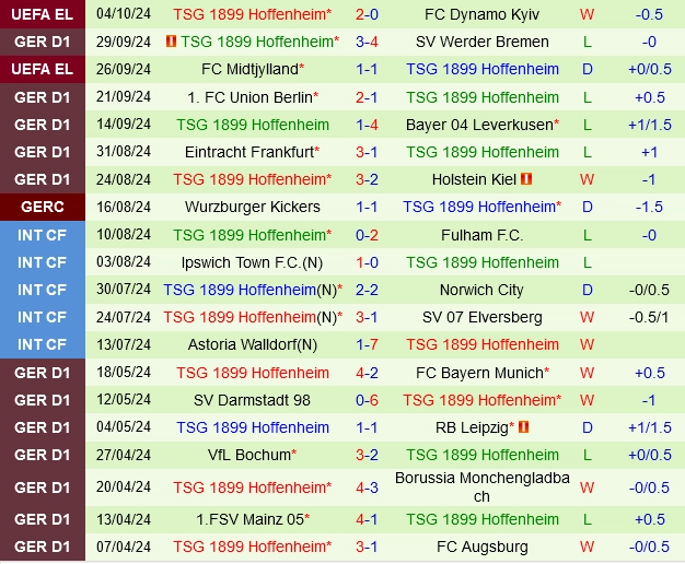 Thành tích gần đây của Hoffenheim
