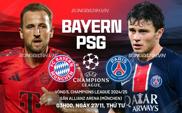 Bayern Munich vs PSG lượt 5 vòng bảng Champions League 2024/25.
