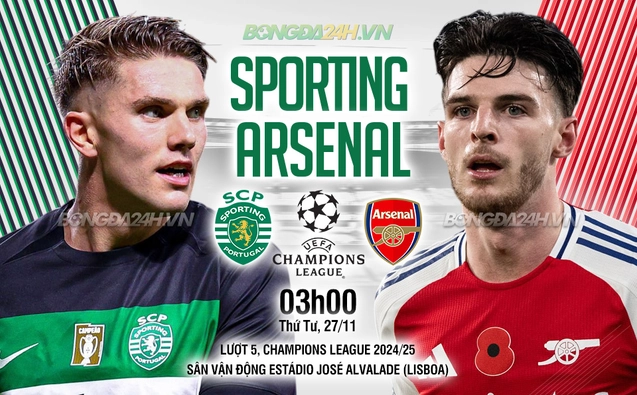 Sporting Lisbon vs Arsenal lượt 5 vòng bảng Champions League 2024/25.
