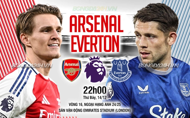 Arsenal vs Everton vòng 16 Ngoại hạng Anh 2024/25.