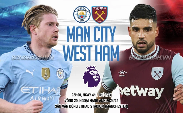 Man City vs West Ham vòng 20 Ngoại hạng Anh 2024/25.
